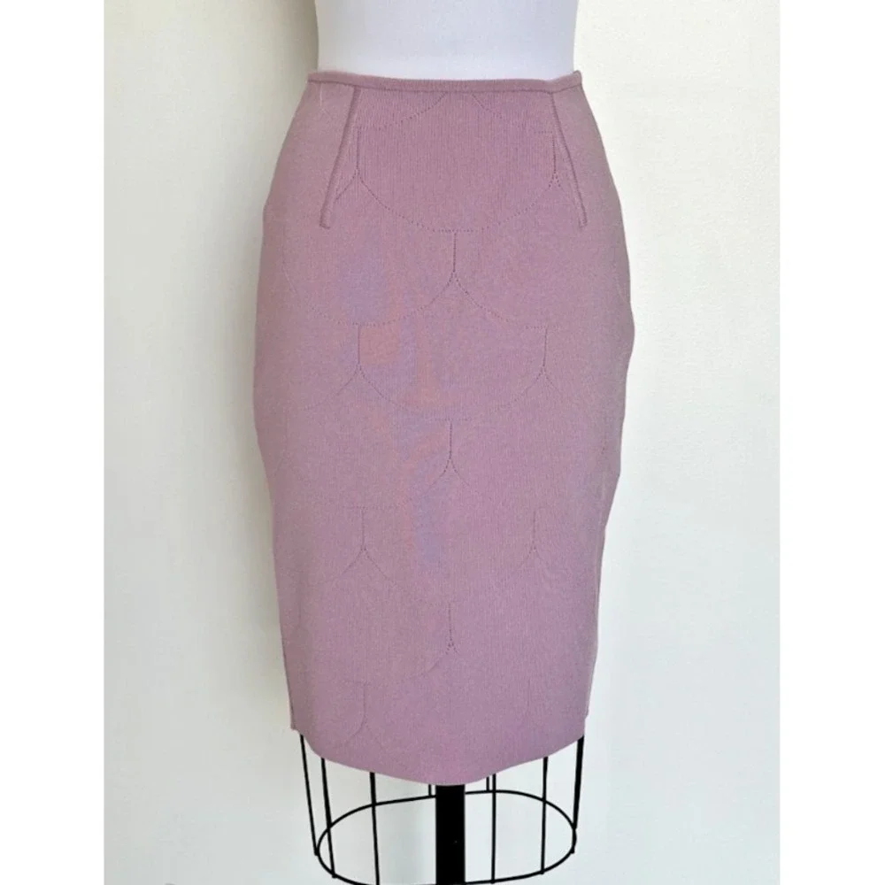 Paula Hian Fleur Stretch Knit Skirt with Laser Cut Scallop Skirt Small Lavender